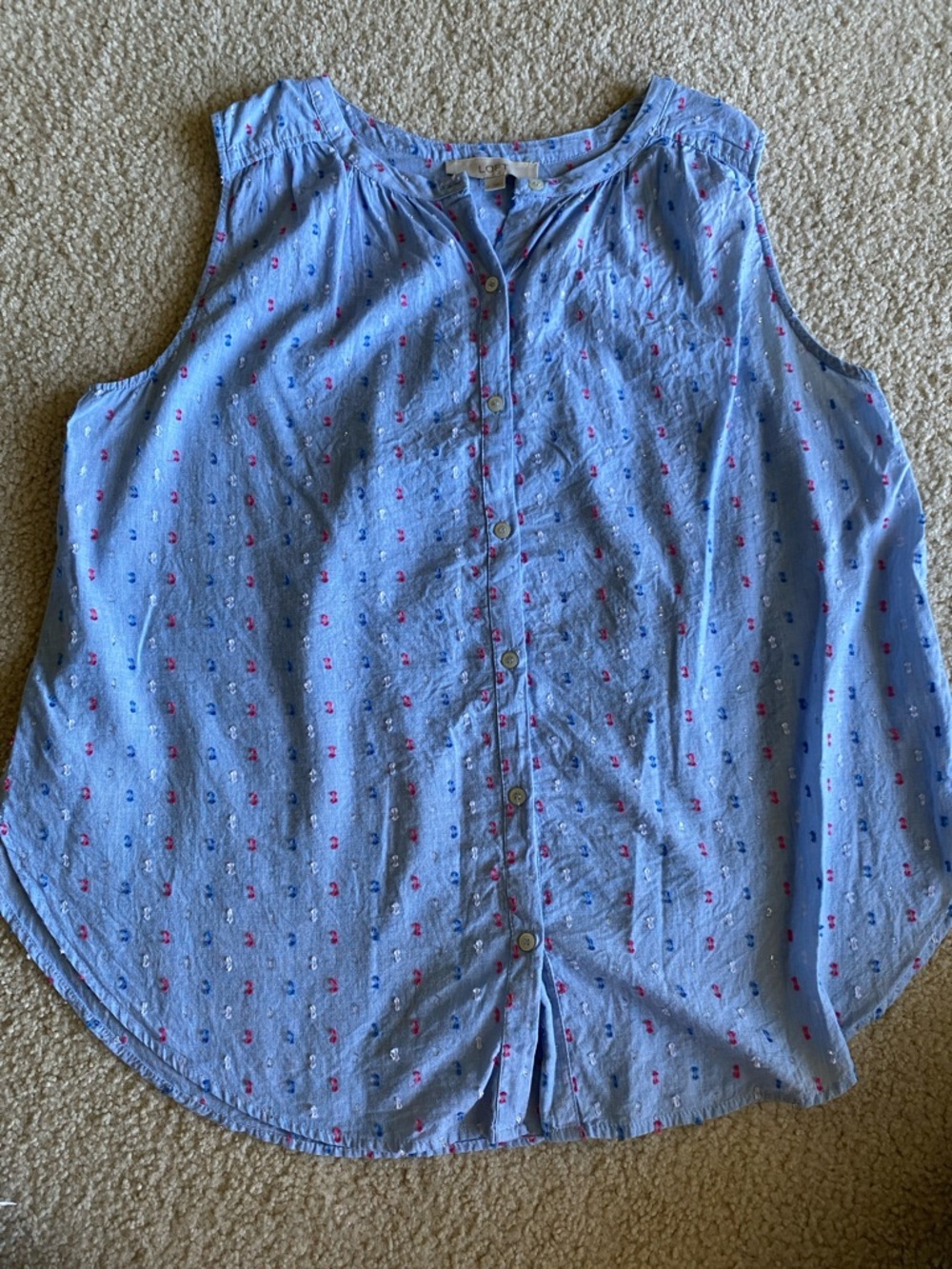 Sleeveless Light Blue Button-Front Cotton Top with Pink & Blue Dot Print